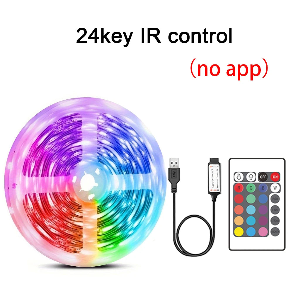 RGB LED strip lights with music sync, USB 5V remote control, flexible ribbon for room decoration