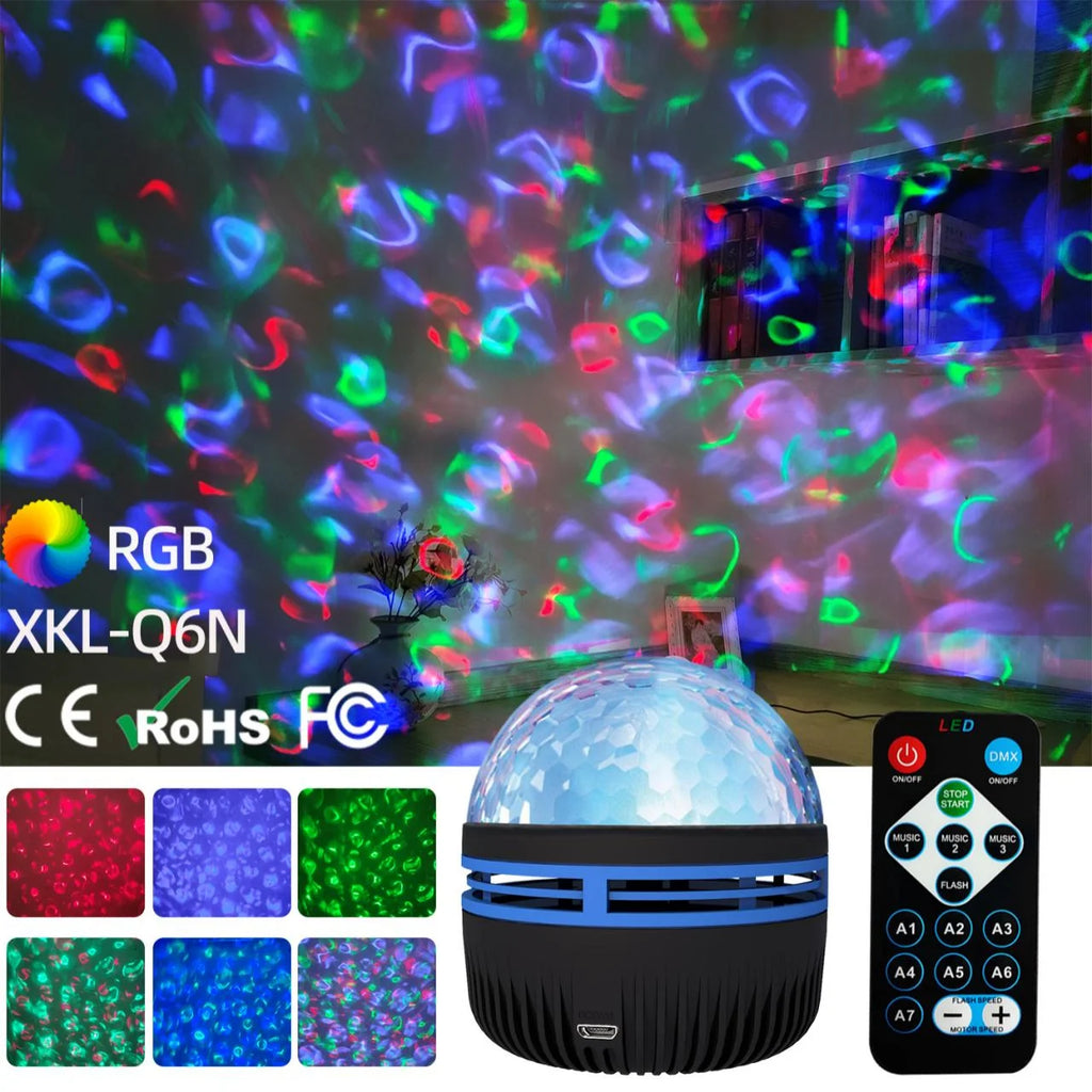 LED starry sky northern light projector lamp with remote control, showing colorful aurora and stars on a ceiling
