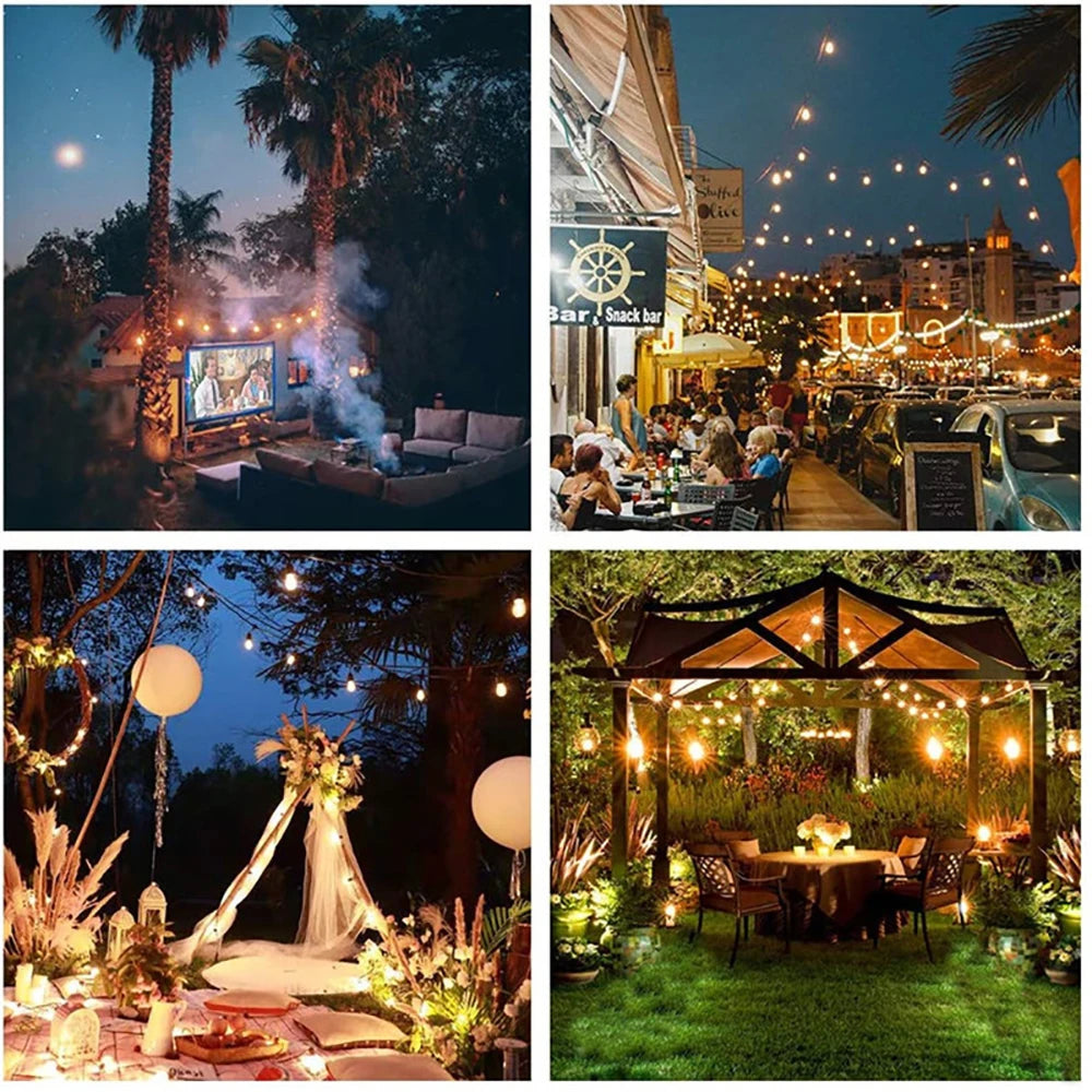 Set of solar-powered G40 globe string lights illuminating a garden patio area at dusk