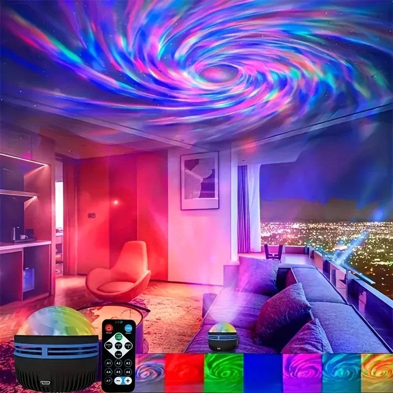LED starry sky northern light projector lamp with remote control, showing colorful aurora and stars on a ceiling