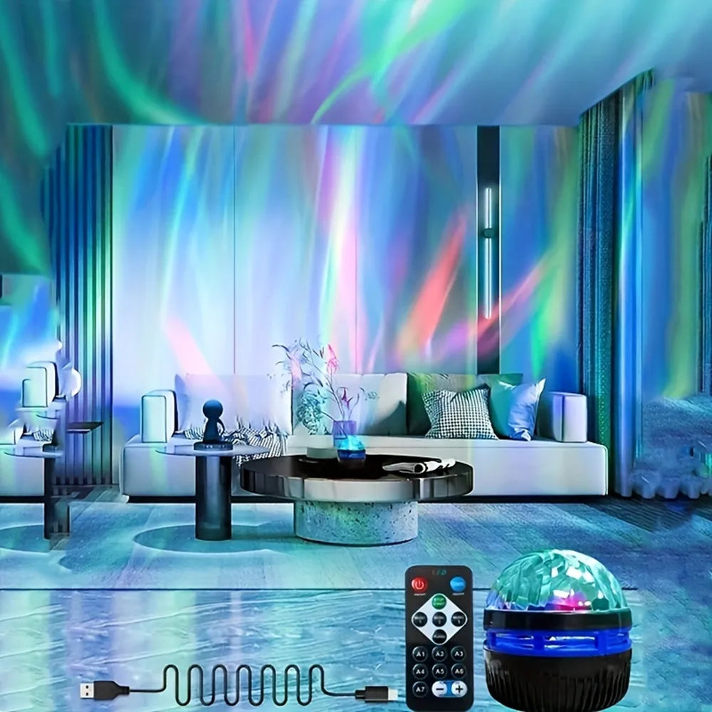 LED starry sky northern light projector lamp with remote control, showing colorful aurora and stars on a ceiling