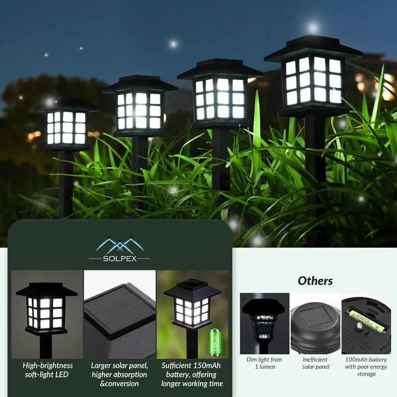 Two solar pathway lights illuminating a garden walkway at dusk