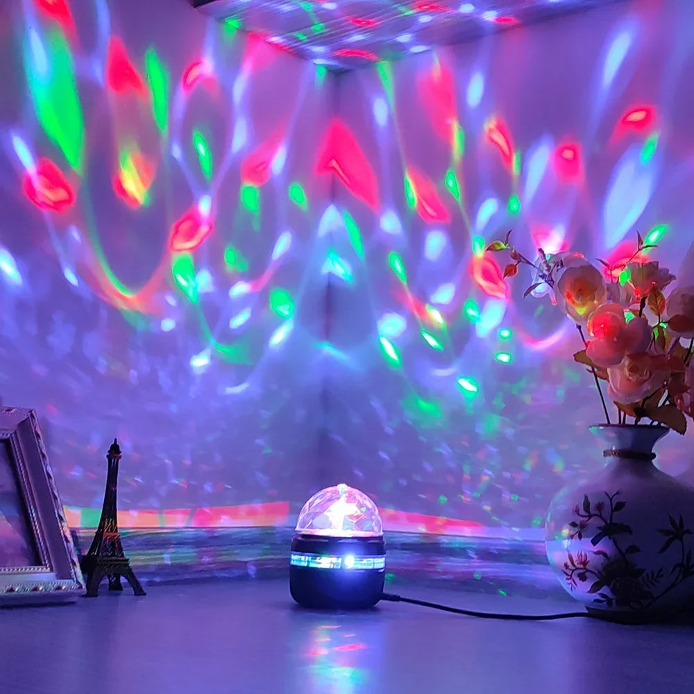 LED starry sky northern light projector lamp with remote control, showing colorful aurora and stars on a ceiling
