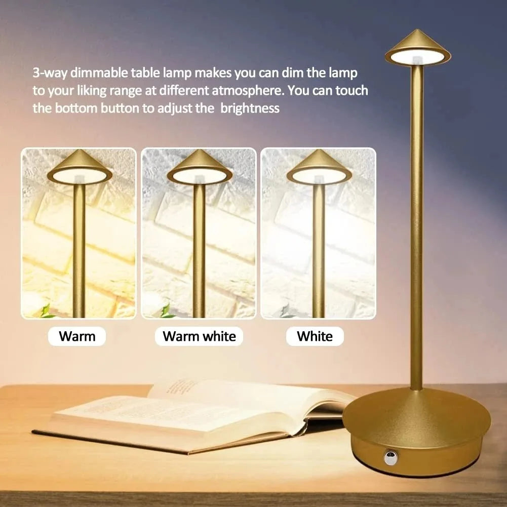 Rechargeable LED table lamp with touch control, white color, on a desk