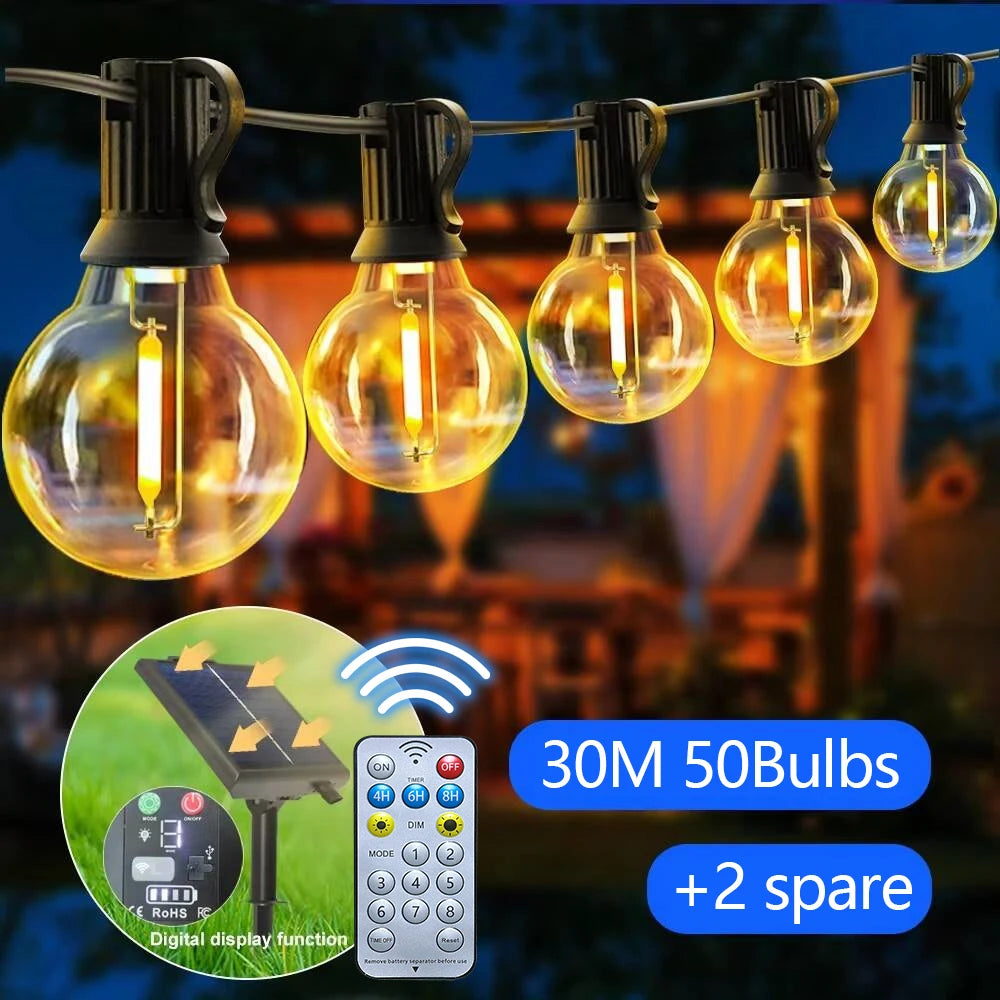 Set of solar-powered G40 globe string lights illuminating a garden patio area at dusk