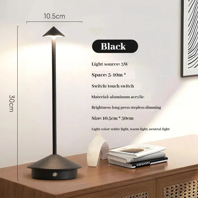 Rechargeable LED table lamp with touch control, white color, on a desk