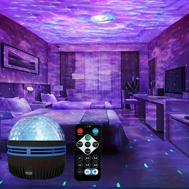 LED starry sky northern light projector lamp with remote control, showing colorful aurora and stars on a ceiling
