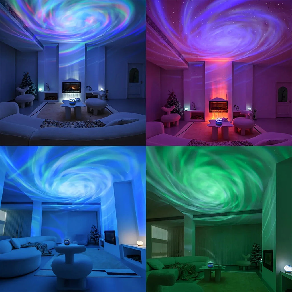 LED starry sky northern light projector lamp with remote control, showing colorful aurora and stars on a ceiling