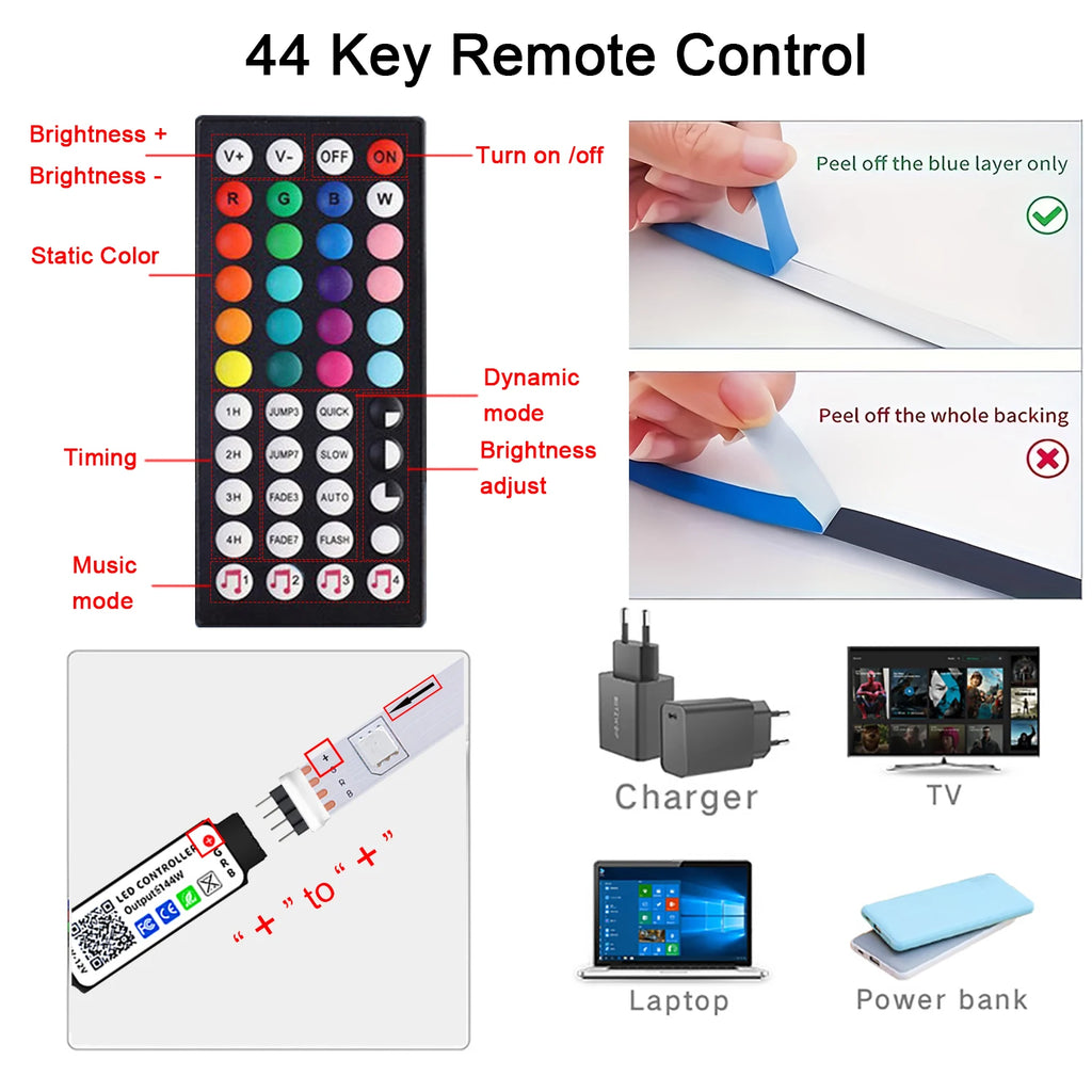 RGB LED strip lights with music sync, USB 5V remote control, flexible ribbon for room decoration