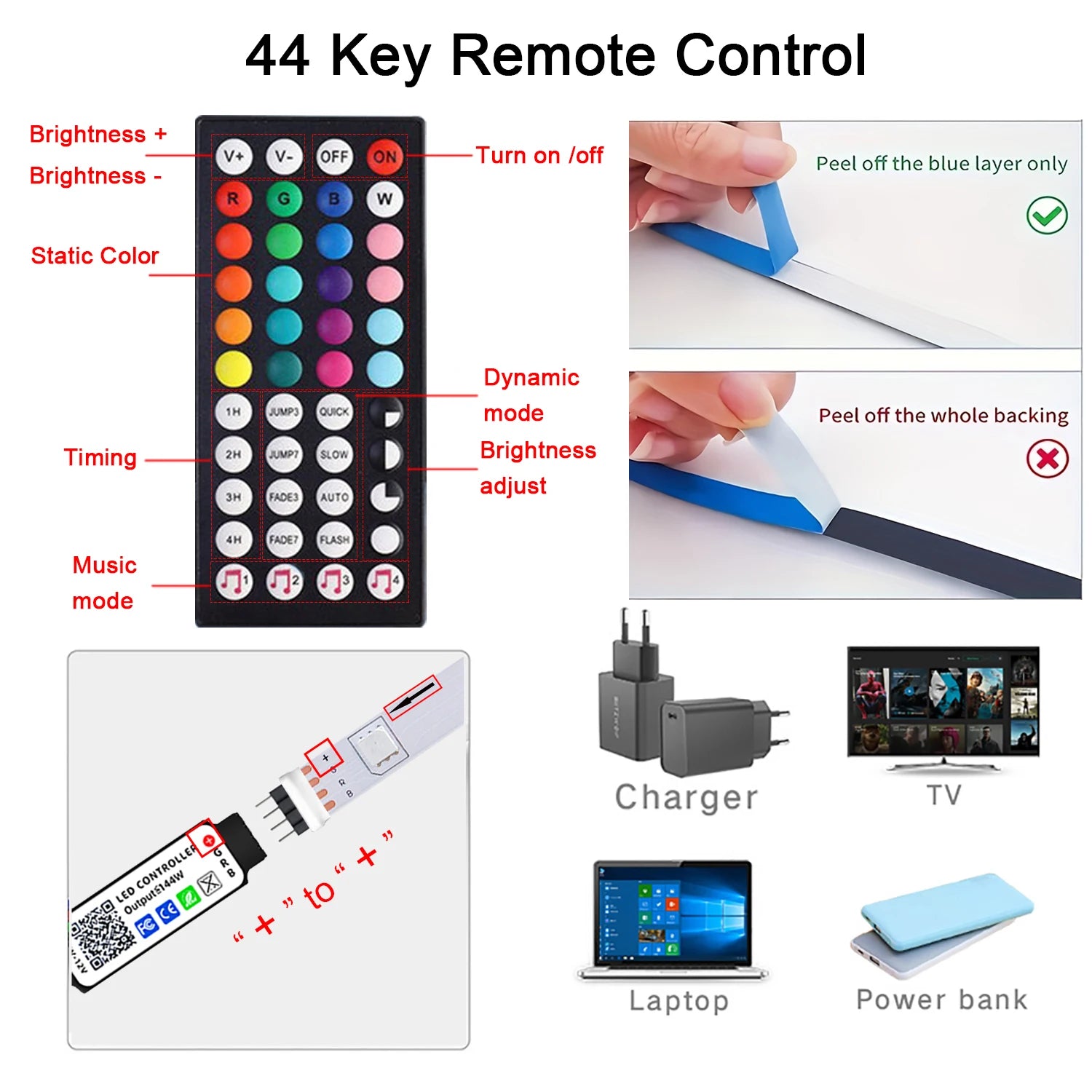 RGB LED strip lights with music sync, USB 5V remote control, flexible ribbon for room decoration