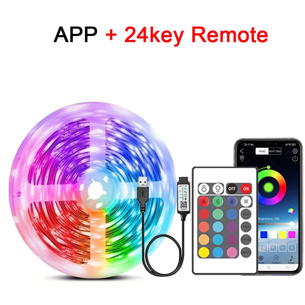 RGB LED strip lights with music sync, USB 5V remote control, flexible ribbon for room decoration