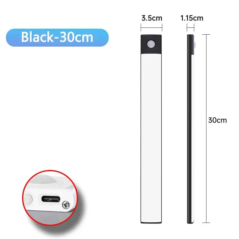Ultra-thin motion sensor LED cabinet light in black, wireless and USB rechargeable for under cabinet lighting
