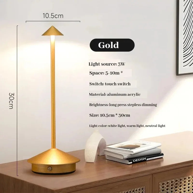 Rechargeable LED table lamp with touch control, white color, on a desk