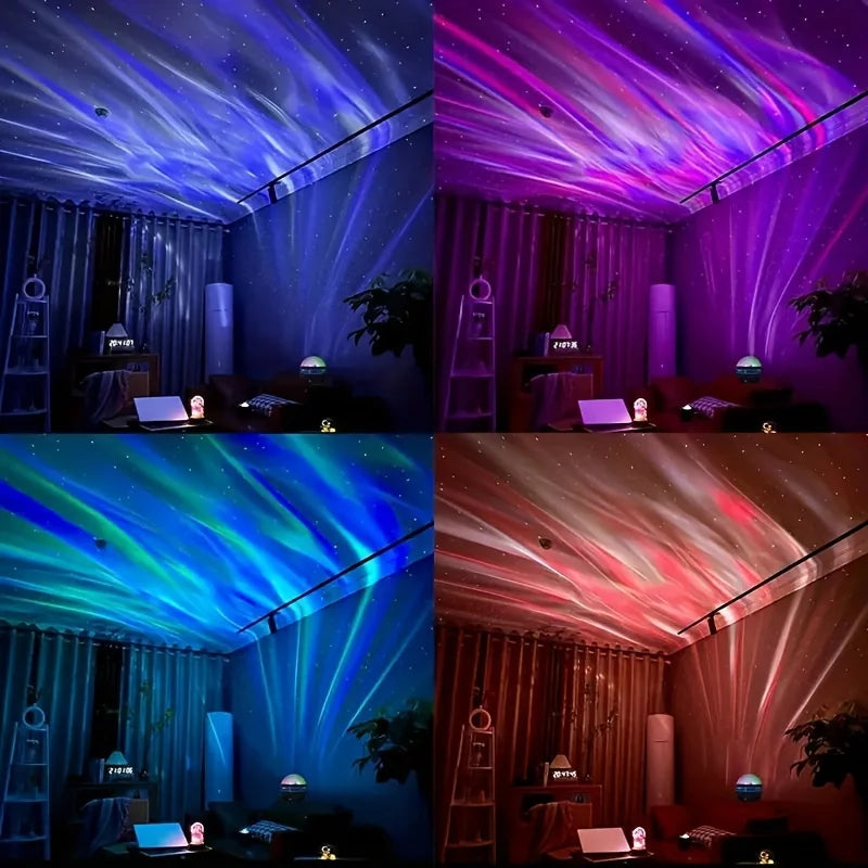 LED starry sky northern light projector lamp with remote control, showing colorful aurora and stars on a ceiling