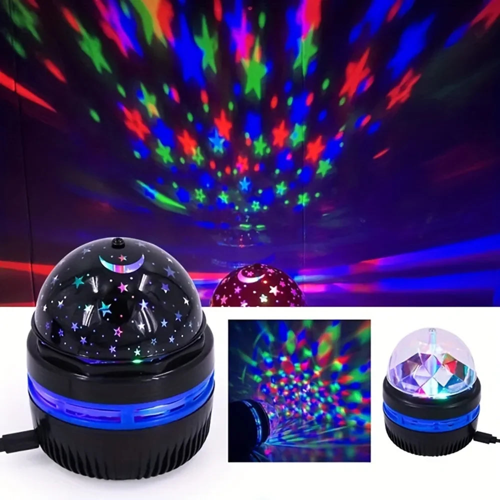LED starry sky northern light projector lamp with remote control, showing colorful aurora and stars on a ceiling
