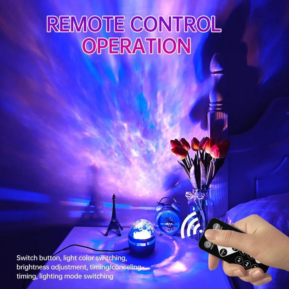 LED starry sky northern light projector lamp with remote control, showing colorful aurora and stars on a ceiling