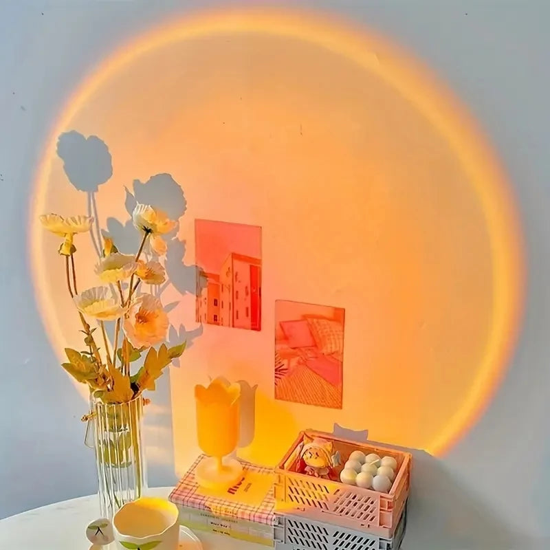 Sunset projection lamp with warm orange glow, multi-angle rotatable, USB powered