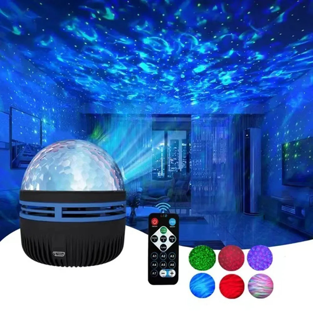 LED starry sky northern light projector lamp with remote control, showing colorful aurora and stars on a ceiling