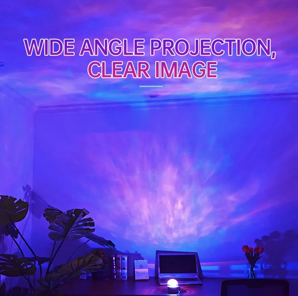LED starry sky northern light projector lamp with remote control, showing colorful aurora and stars on a ceiling