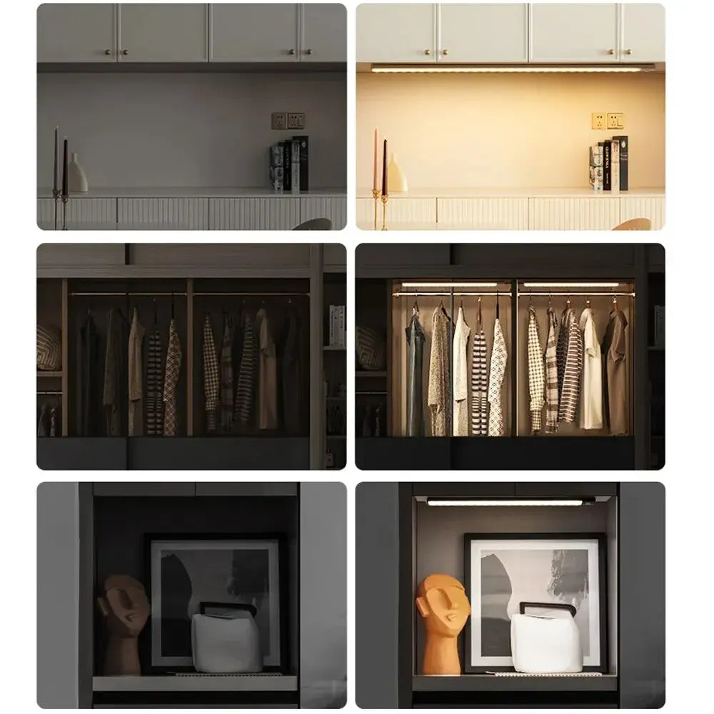 Ultra-thin motion sensor LED cabinet light in black, wireless and USB rechargeable for under cabinet lighting