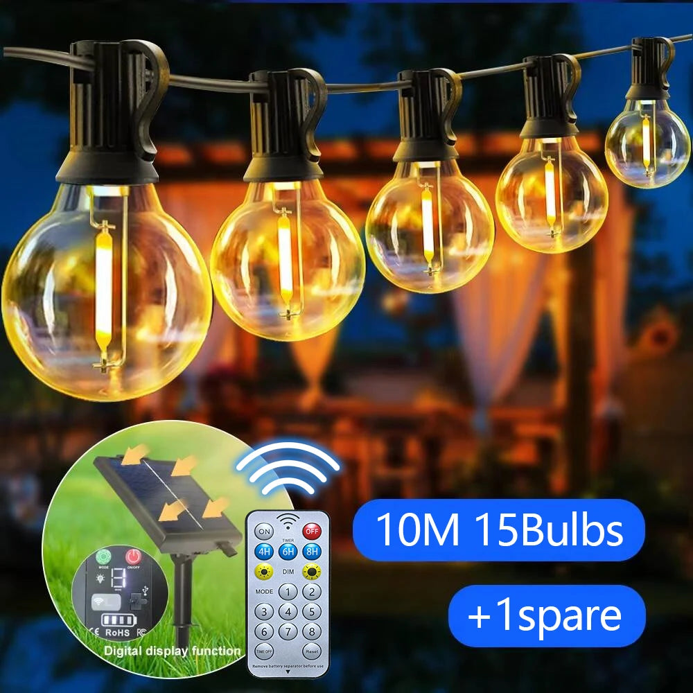 Set of solar-powered G40 globe string lights illuminating a garden patio area at dusk