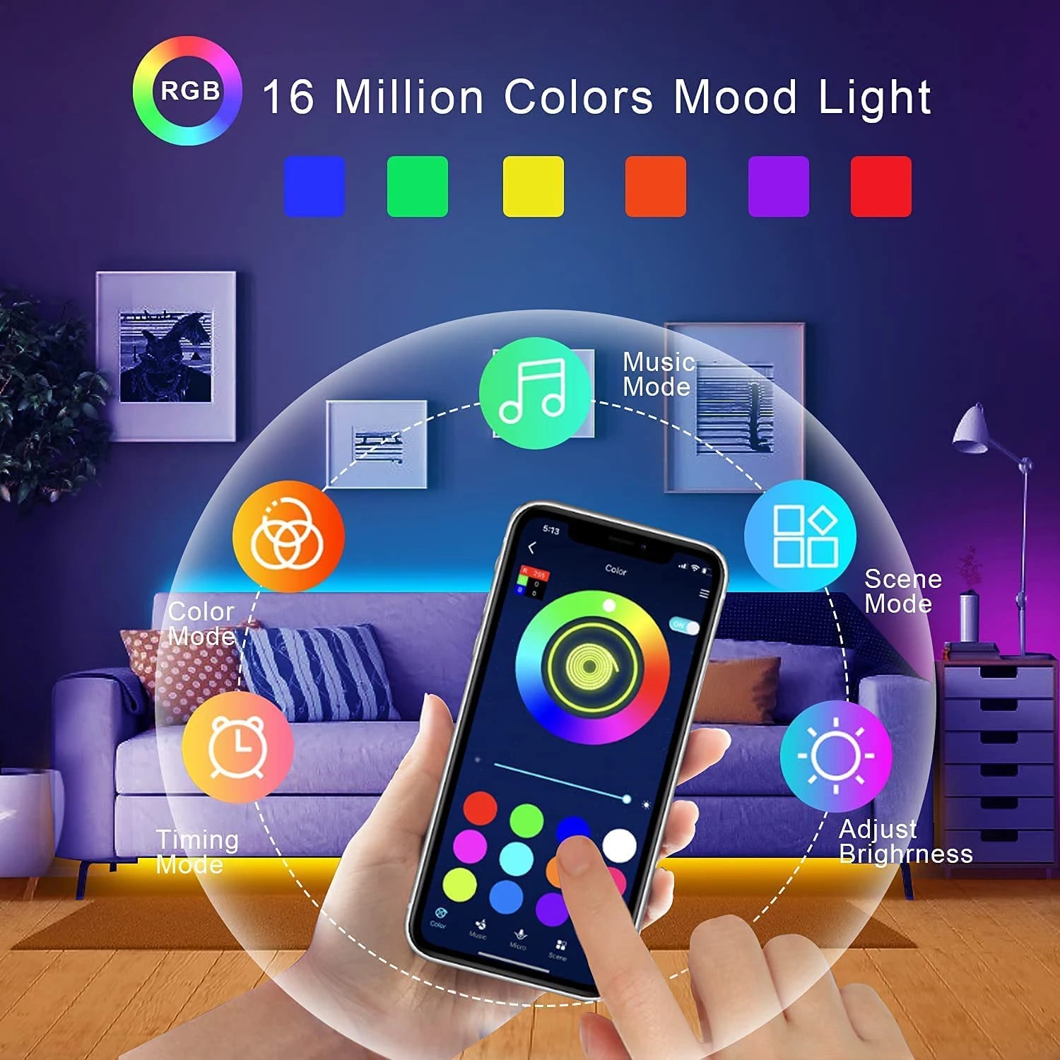 RGB LED strip lights with music sync, USB 5V remote control, flexible ribbon for room decoration