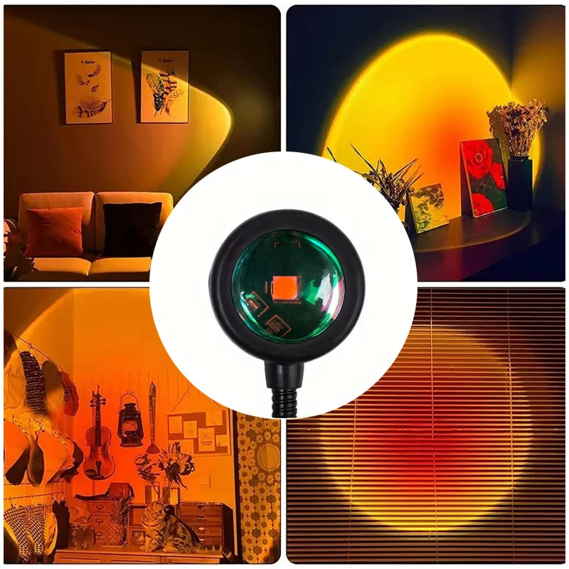 Sunset projection lamp with warm orange glow, multi-angle rotatable, USB powered