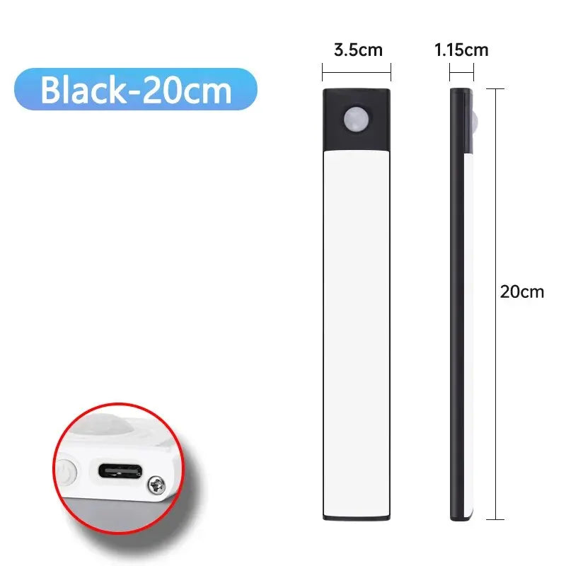 Ultra-thin motion sensor LED cabinet light in black, wireless and USB rechargeable for under cabinet lighting