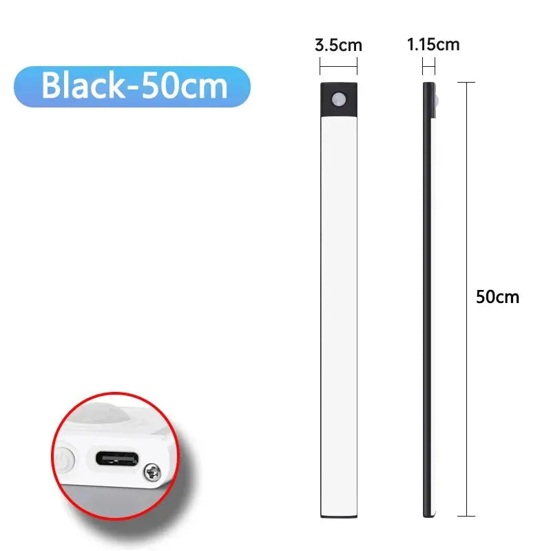 Ultra-thin motion sensor LED cabinet light in black, wireless and USB rechargeable for under cabinet lighting