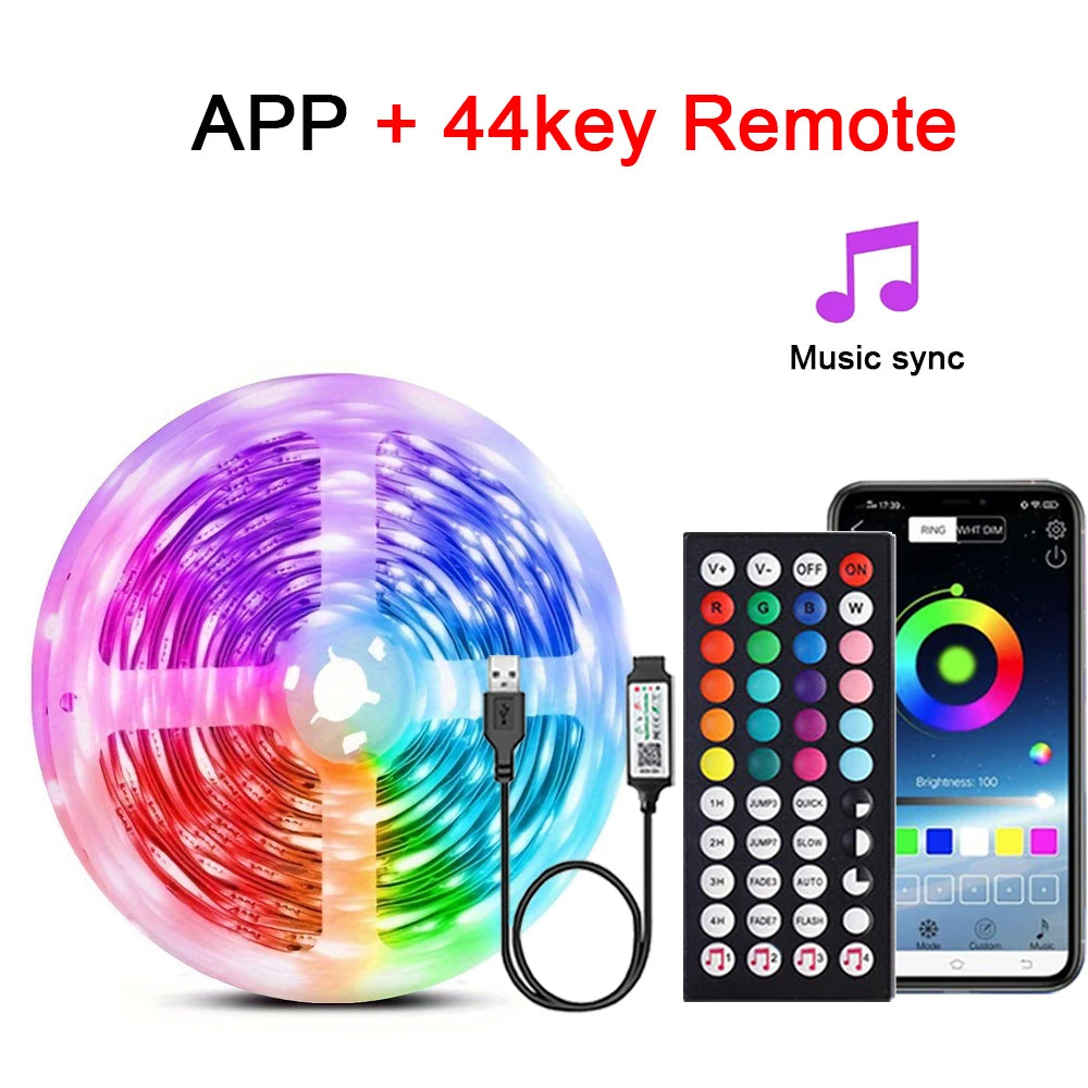 RGB LED strip lights with music sync, USB 5V remote control, flexible ribbon for room decoration