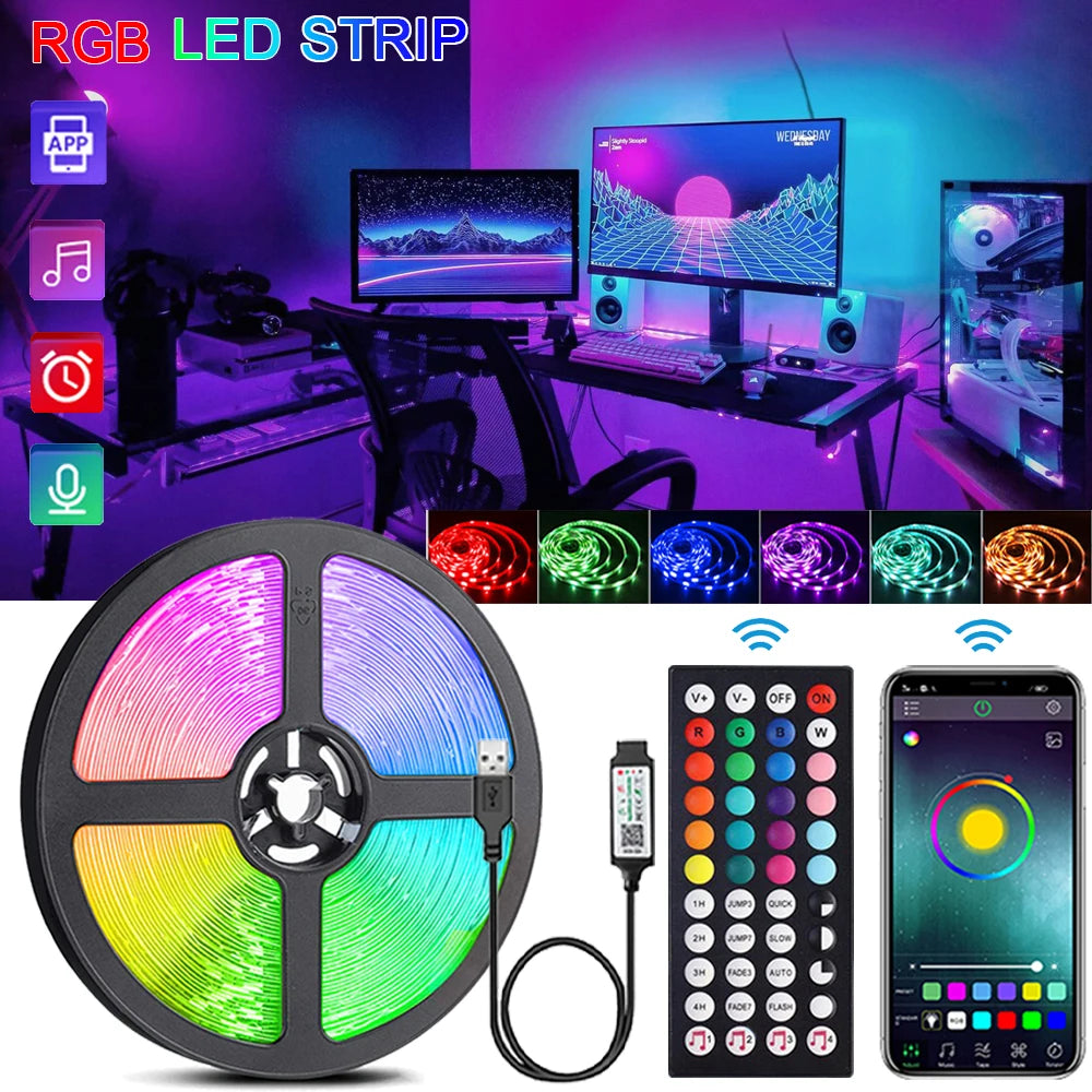 RGB LED strip lights with music sync, USB 5V remote control, flexible ribbon for room decoration